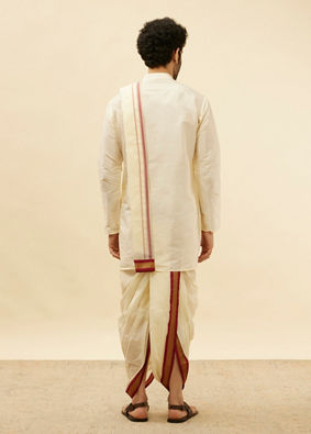 Bright Cream Contrast Bordered Traditional South Indian Dhoti Set image number 4